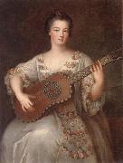 Portrait of a young lady,three-quarter length,wearing a floral and ivory lace-trimmed dress,playing the guitar unknow artist